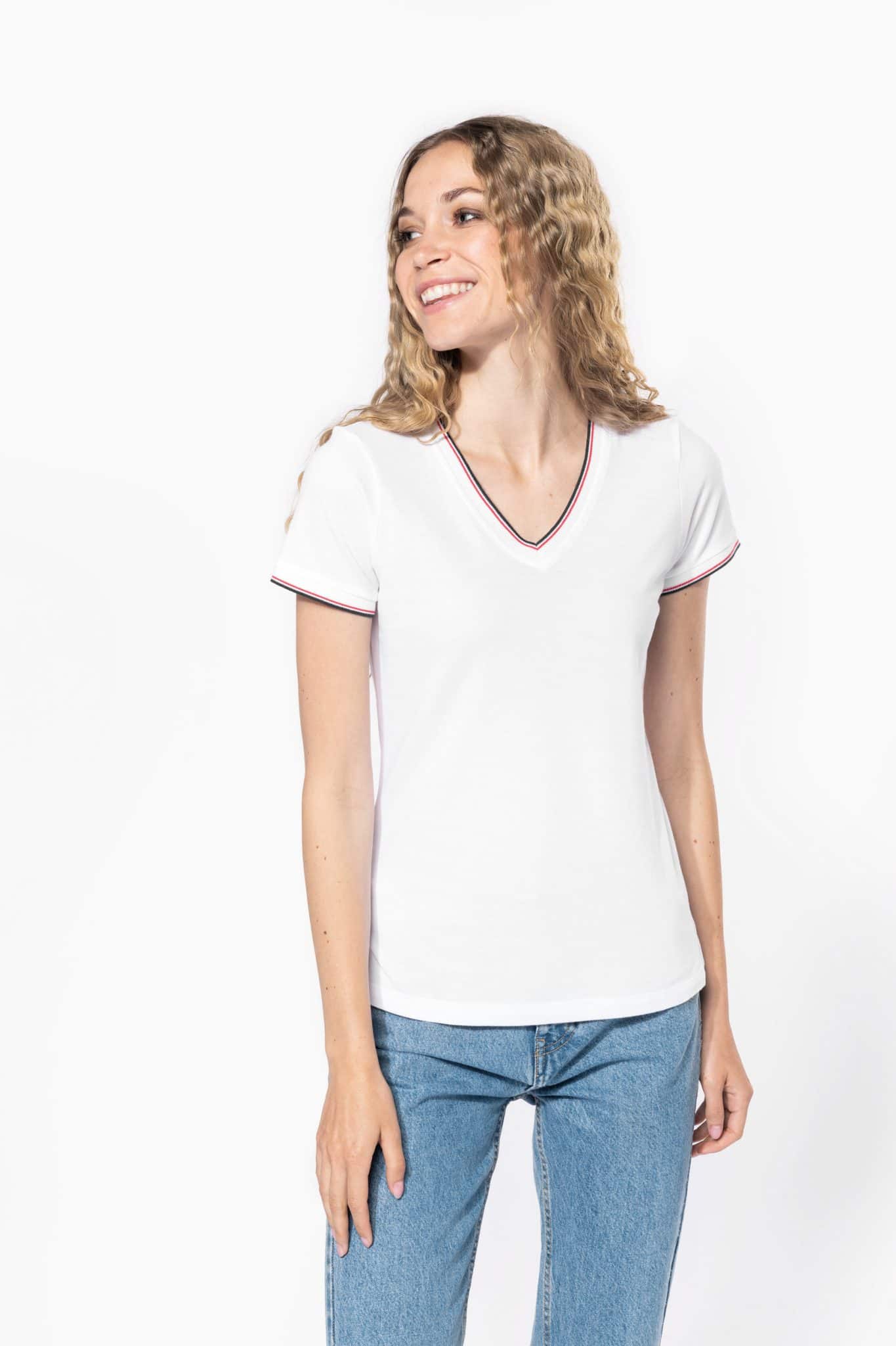 Visuel T-shirt maille piquée col V femme