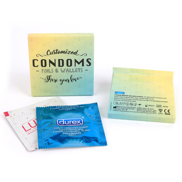 Visuel Pochette personnalisée 64x64x12mm contenant 2 préservatifs Durex et 1 lubrifiant